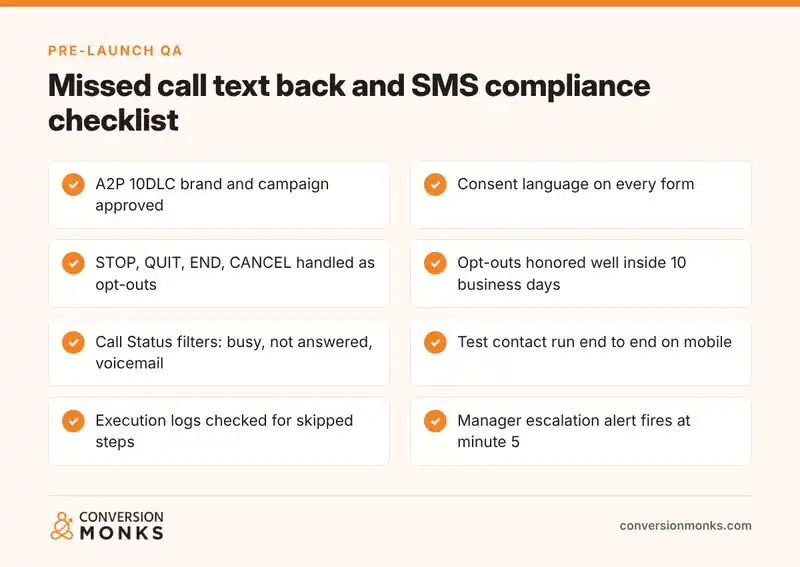 Missed call text back and SMS compliance checklist for a GoHighLevel speed to lead workflow